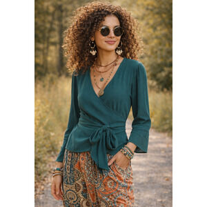 Chelsea 28 Green Long Sleeve Wrap Blouse with Tie Size XS